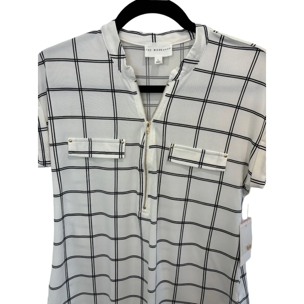 The Workshop Cap Sleeve 1/4 Zip Black White Plaid Top Size Large NWT - Picture 3 of 4